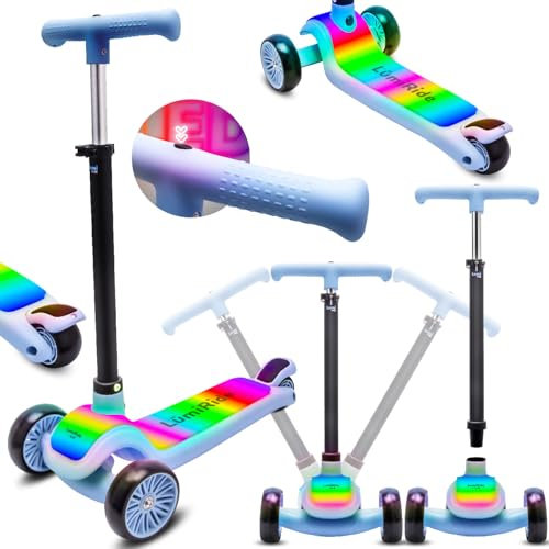 LUMI Ride Kinderroller 3 Räder Balance LED Blau 3+, Klappbar, Höhenverstellbarer Lenker, Fußbremse, Rutschfestes Trittbrett, Abnehmbarer Lenker