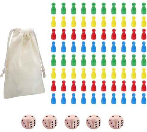 80 Stück Spielfiguren für Brettspiele Bunte Spielfiguren Bunte Halmakegel Holzpuppen Spielfiguren Spielfiguren aus Holz für Brettspiele 5 Würfel aus Holz für 1 Aufbewahrungstasche