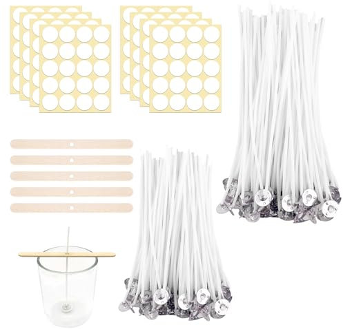 200 Stück Kerzendocht Set, Rauchfrei Kerzendocht 10cm 15cm mit Dochthalter & Doppelseitigen Aufklebern,Kerzendocht für Kerzen Selber Machen,Dochte für Kerzen DIY,2 Verschiedenen Größen