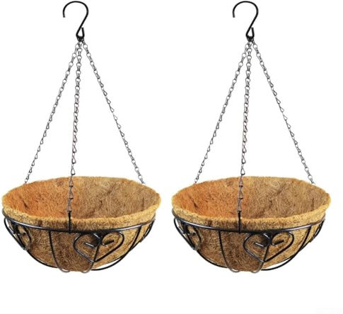 Macetas colgantes creativas, paquete de 2 cestas de hierro con forro de fibra de coco natural para uso en exteriores (8 pulgadas)