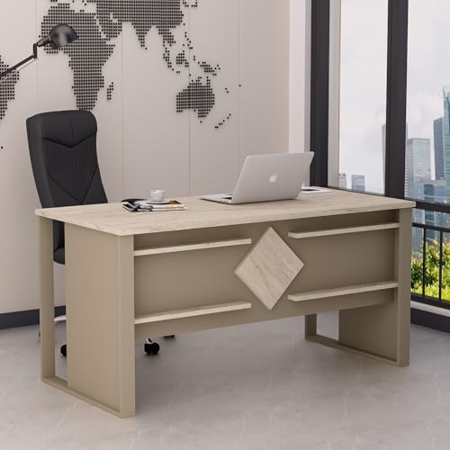 Homidea BOSS Schreibtisch 150 x 72 x 75,6 cm – Moderner Bürotisch für Home Office oder Arbeitszimmer (Beige-Travertin)