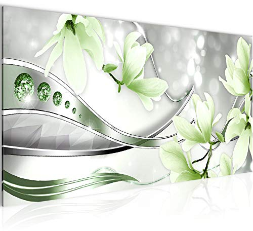 Runa Art Wandbild Blumen Magnolie 1 Teilig 100 x 40 cm Modern Bild auf Vlies Leinwand Abstrakt Wohnzimmer Grün Grau 207212b