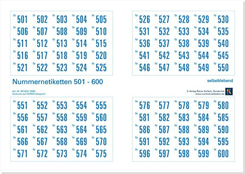 500er-Set Nummernetiketten selbstklebend aus Papier, Zahlen zum Aufkleben, Nr. 501-1000