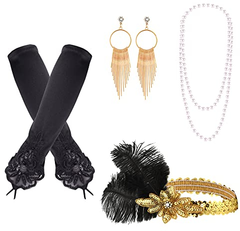 FEPITO 7 Stück 1920er Flapper Great Gatsby Accessoires Set Mode Roaring 20er Jahre Themenset mit Stirnband Kopfbedeckung Lange schwarze Handschuhe Halskette Ohrringe für Frauen (Set A)
