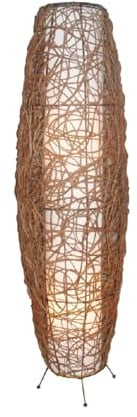Lindby Rattan Stehlampe, Stehleuchte Höhe 111 cm mit Fußschalter Standleuchte 2 flammig Stoffschirm E14 Fassung max. 40W ohne Leuchtmittel