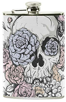 BALII Flachmann, Totenkopf und Blumen, Schmetterlinge, Edelstahl, 227 ml