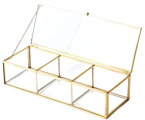 Vintage goldene Glasbox mit Deckel, klares Glas & Messing Metall Aufbewahrung Schmuck und Kosmetik Make-up Organizer mit Deckel Beauty Display, Rechteck mit 3 Fächern