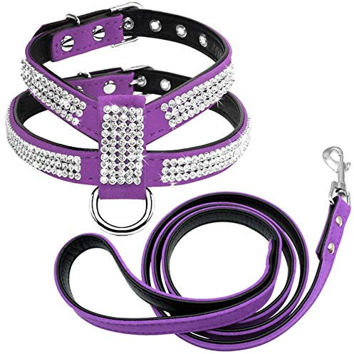zhuangxiang Hundegeschirr Brustgeschirr Bling Strass Hundegeschirr Leder Welpe Katzengeschirr Weste Leine Set Für Kleine Mittelgroße Hunde Chihuahua Mops Yorkshire Pet Supplies, Lila, M.
