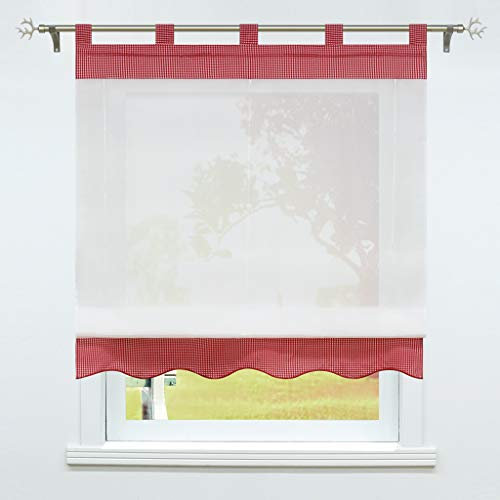 SCHOAL Raffrollo mit Schlaufen Transparente Raffgardine Schlaufenrollo Gardinen Landhaus Karierte Vorhang Voile 1 Stück BxH 140x155cm Rot