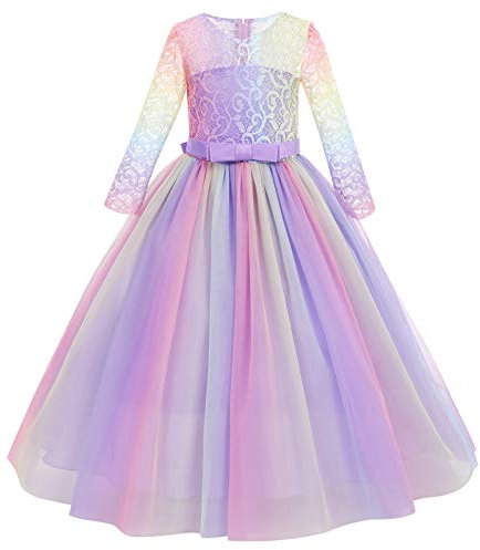 Robe Enfant Fille Ceremonie Anniversaire de Princesse d'honneur Mariage Bowknot Manches 3/4 Longue en Dentelle Robe Tutu Tulle de Soirée Bal Partie Formelle Carnaval Multicolore + Violet 7-8 Ans