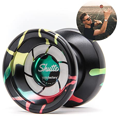 YoYo Factory Shutter Jo jo – Unresponsives Profi Yoyo aus Vollmetall – Leerlauf JoJo mit Kugellager – Von Weltmeister Gentry Stein genutzt – Spielzeug für Kinder & Erwachsene - Schwarz Regenbogen