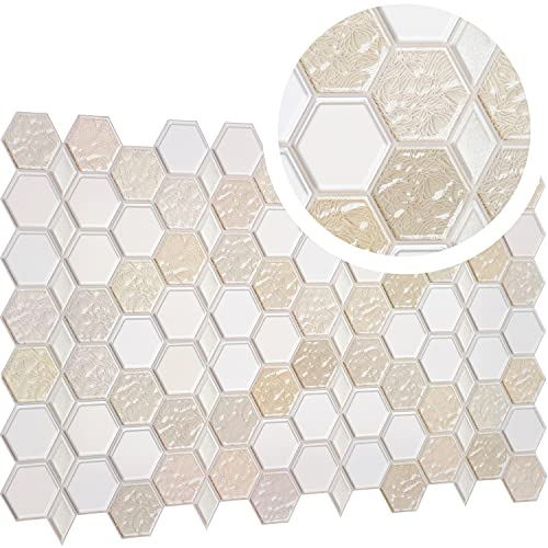 NOVECRAFTO Modern 3D Honeycomb Hexagon Tile Effect Wall Panels with Glitter - Set of 20-12.4 sqm | 134.2 Sqf - Interior Kitchen Splashback and Bathroom PVC Plastic Cladding in Beige Cream Caramel