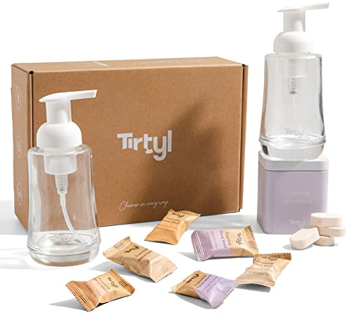 Tirtyl Handseife Duo-Set – 2 Schaumspender aus Glas + Aufbewahrungsdose + 6 Nachfülltabletten (insgesamt 1500 ml – 6 x 250 ml) – NEUE Formel – Kompostierbare Verpackung – Verschiedene Düfte