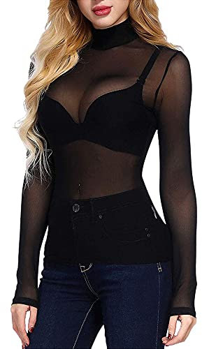 Acrawnni Women's Sexy See Through Slim Fit Shirts Mesh Tops Long Sleeve Turtleneck Neck Sheer Blouse (A-Black, Medium)