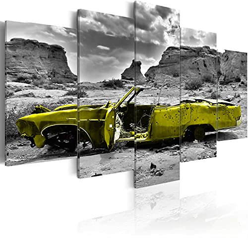 B&D XXL Acrylglasbild Auto 200x100 cm 5 Teilig Wandbild auf Acryl Glasbilder Kunstdruck Moderne Acrylglas Platte Wanddekoration Geschenke Heimdekoration Glasbild Wüste gelb Natur Landschaft Vintage