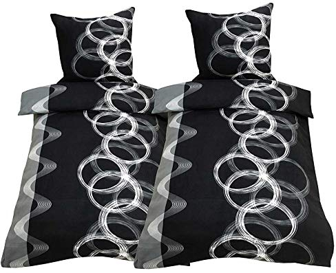 Tiptop Home Leonado-Vicenti Fleece Bettwäsche 135x200 cm 80x80 cm 4teilig Kreise Ringe Schwarz Warme Garnitur Winter Set Bezug Kissen mit Reißverschluss