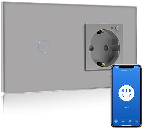 BSEED Smart Alexa Lichtschalter,WIFI Lichtschalter mit Steckdose Kompatibel mit Alexa,Google Home,Glas Touchscreen-schalter,Smart Lichtschalter 1 Fach 1 Weg Grau(Neutrale Leitung benötigt)