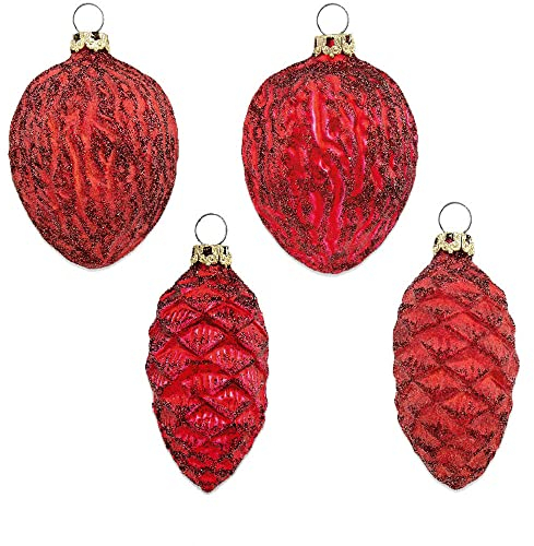 Thüringer Glasdesign Zapfen und Nüsse Set 004-01010-1232 | 4-TLG. | ca. 6cm - Rot - Christbaumschmuck Weihnachtsbaumschmuck Traditionell Klassisch Tannenzapfen Walnüsse