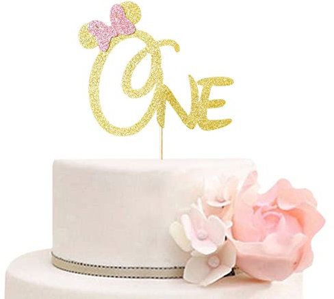 One Cake Topper, Mickey & Minnie Thema Happy 1st Birthday Cake Topper für Mädchen, Disney First Birthday Party Dekorationen, Gold Glitter