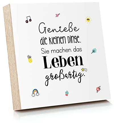 ARTFAVES® Holzbild mit Spruch - Genieße die kleinen Dinge | Deko Geschenk zum Thema Glück/Leben/Größe: 14,8 x 14,8 cm