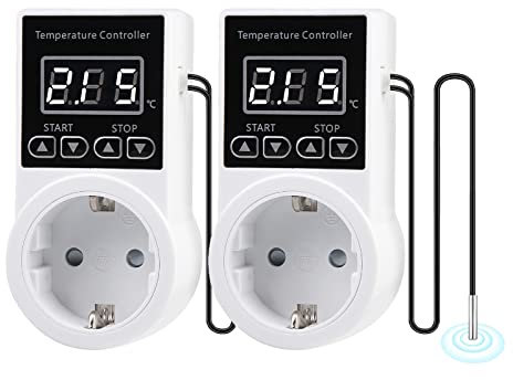 2pcs Digital Termostato Enchufe - Controlador de Temperatura con Sonda Calentador de Termostato, Digital Termostato Regulador con Pantalla LCD, para Reptiles, Incubadora, Invernadero ,Acuicultura