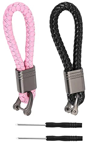 SHULLIN 2 Stück Schlüsselanhänger Leder Stylischer Schlüsselanhänger Auto Schlüsselanhänger Auto Geflochtenes Seil Geflochtenes Schlüsselanhänger PU Schlüsselband für Autoschlüssel(Schwarz,Rosa)