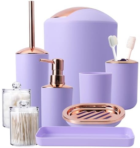 Violettes Badezimmer-Zubehör-Set, 9-teilig, Mülleimer, Seifenspender und Schale, WC-Bürste, Zahnbürstenhalter, Becher, Tablett, Wattestäbchen-Behälter, Arbeitsplatten-Organizer, Dekoration und