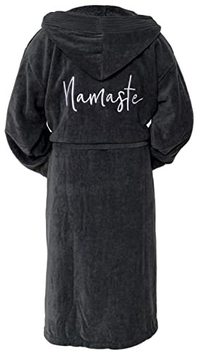 Schnoschi Bademantel mit Kapuze mit Namaste bestickt aus weichem Frottee, 100% Baumwolle (450g/m²), Yoga