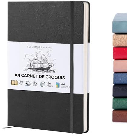 Beechmore Books A4 Sketchbook – 8.5x11 Premium Vegan Leather Bound Large Sketch Book Hardcover With 156 Thick 160gsm Perforated Ivory Pages, Blank Sketch Pad, Gift Boxed, Back Pocket, Ribbon Bookmark