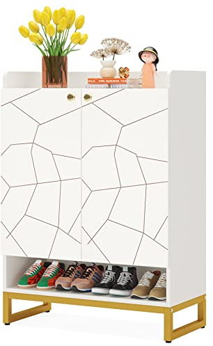 LITTLE TREE Schuhschrank mit 5 Ebenen, Weiß und Gold, 2-türig, Schuh-Organizer für den Eingangsbereich