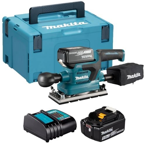 Makita DBO382RTJ 18V Li-ion LXT Brushless Finishing Sander Complete with 2 x 5.0 Ah Batteries and Charger Supplied in a Makpac Case