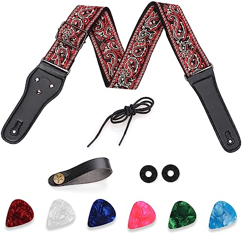 Gitarrengurt 50 mm Breit Jacquard Stickerei Guitar Strap mit Lederenden 6 Gitarrenplektren 2 Gurtschlössern Verstellbarer Gurt für E-Gitarre Bass Leder Akustikgitarre Ernie Ball - Rotgrau