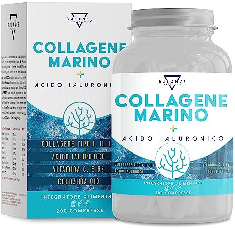BALANCE NUTRITION COLLAGENE MARINO - 200 Compresse (fino a 7 mesi di fornitura) Collagene e Acido Ialuronico | Collagene di tipo I, II e III con Complex di 7 attivi, Vitamina C e Coenzima Q10