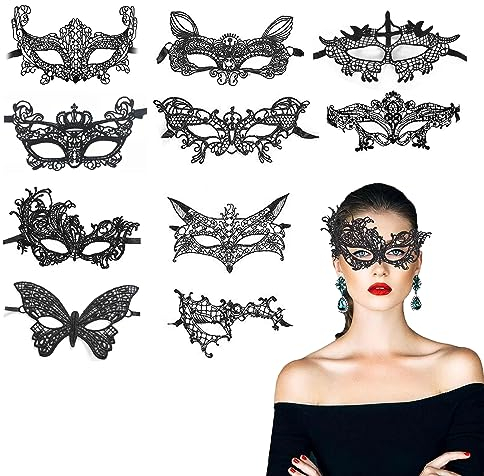 KALUROIL 8 PCS in Schwarz Venezianische Masken Verführerische Masken für Erwachsene - Spitzen-Design für Halloween, Maskenball, Karneval und mehr