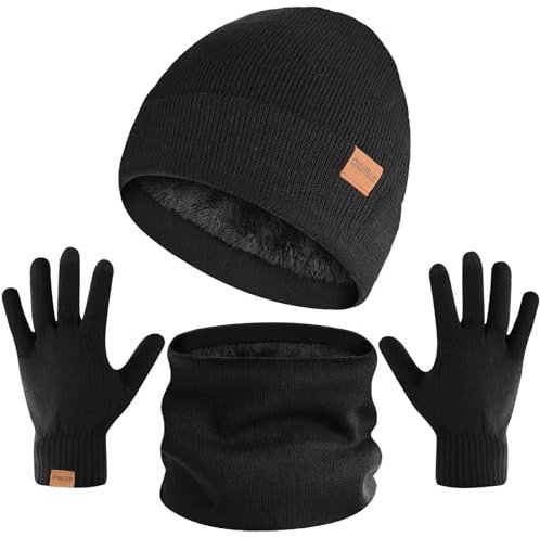 QXURkut Conjunto de Gorro Bufanda Guante para Hombre Mujer, Invierno Beanie Gorro de Punto Sombrero Suave Forrado Bufanda Tubular Cuello y Guantes de Pantalla Táctil (Negro)