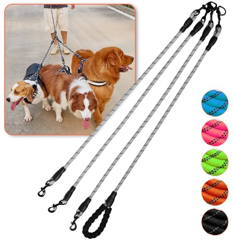 Guinzaglio doppio per cani, Guinzaglio comodo per cani con riflettente, Triplo guinzaglio anti-groviglio per cani (Tre guinzagli grigi)
