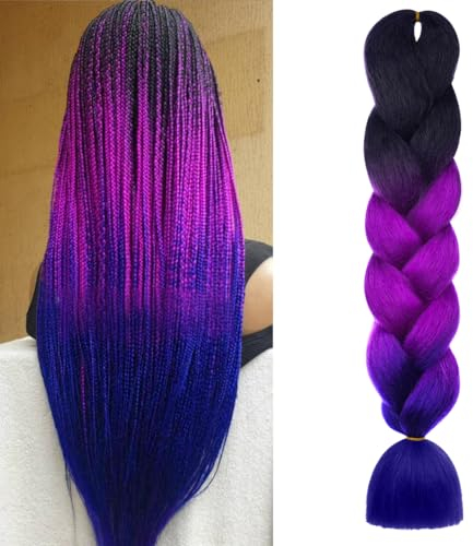 Aomig Braids Extensions, 3 Farben Kunsthaar zum Einflechten,24 Haarsträhnen zum Braiding Hair,Einflechten Haar Flechten Extensions für Haar Box Braid Einflechten Zöpfe(Schwarz/Lila Rot/Saphirblau)