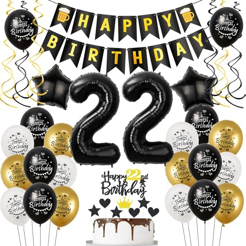 Luftballons 22. Geburtstag Schwarz Golden, Geburtstagsdeko 22 Jahre Mann Frauen, Ballon 22, Folienballon Zahl 22, deko 22. geburtstag Frauen, Schwarz Tortendeko 22 Geburtstag Mann Deko