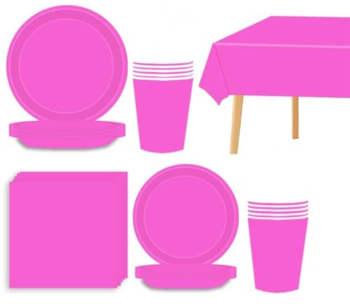 69P Hot Pink Party Tableware Plastic Table Cloth Cover,Paper Plates,Napkins and Cups for Barbie Party Supplies,Bright Pink Party Decoration Dinnerware Set for Kids Adults Birthday,Xmas Party