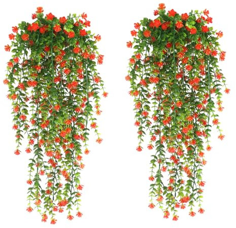 Leixi 4Pcs Artificial Hanging Flowers, UV-Resistant Fake Hanging Plants Flower Bouquet for Wall Home Room Garden Yard Patio Wedding Indoor Outdoor Decoration (Orange)