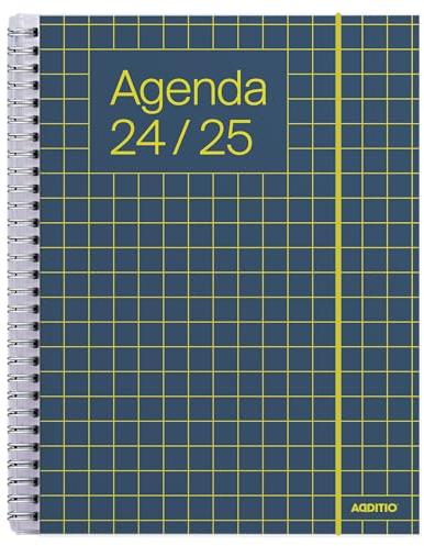 ADDITIO - Schülerkalender 2024-25 | Universal | Wochenübersicht | September 2024 bis Juli 2025 | 16,5 x 21,5 cm | Gummiband | Stiftehalter | Aufkleber | Spanisch | Marineblau