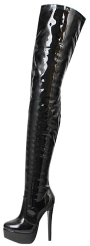 Stivali Sopra Il Ginocchio Da Donna, 14 Cm Stivali Alti, Tacchi A Spillo Di Grandi Dimensioni Tacchi Alti Fondo Spesso Piattaforma Acqua Stivali Lunghi A Punta Con Cerniera Laterale , 45 EU,Black