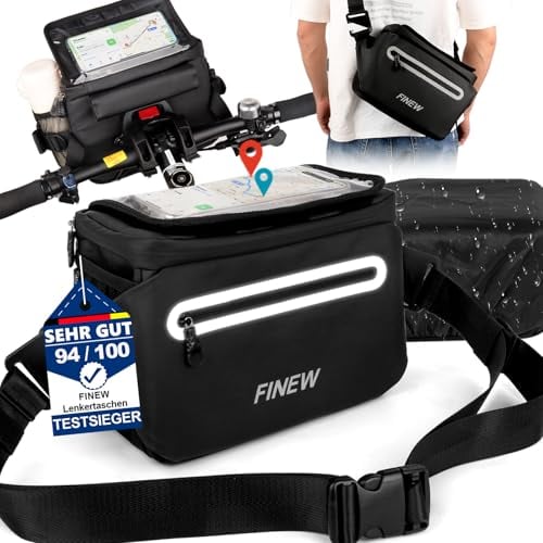 FINEW 3-in-1 Lenkertasche Fahrrad mit Lenkeradapter für E-Bike und Fahrrad, 6L Wasserdicht Fahrradtasche Lenker mit Handyhalterung Touchscreen, Abnehmbarer Schultergurt und Regenhülle