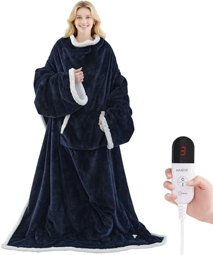 MAXEVE Heated Wearable Blanket with Foot Pocket & Sleeves Electric Snuggle | Heating Throw, 6 Levels & 4H Auto Shut Off, Machine Washable (Long, Navy)