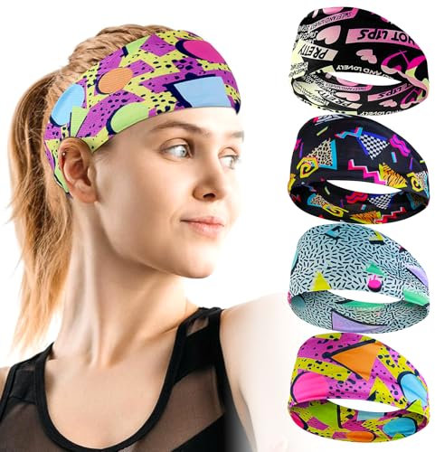 4 Stück Haarbänder Damen 80er 90er Jahre Retro Workout Stirnband Sport 80 Jahre Neon Schweißbänder Elastische Schweißabsorbierende Haarband Feuchtigkeitsabsorbierende Haaraccessoires Damen