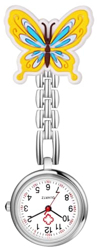Silverora Taschenuhren Schwesternuhren Krankenschwestern Uhren: Leicht Ablesbare Analoge Quarz Krankenschwesternuhr Schmetterling Dekorative Fob Uhr mit Stethoskop Clip für Ärzte Schwestern gelb grün