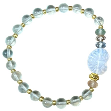 Armband mit Green Watermelon Perlen, bömischem Glasperlen & goldfarbenen Perlen - Muschel, Schnecke, shell, zartes Grün, opal-weiß, gold