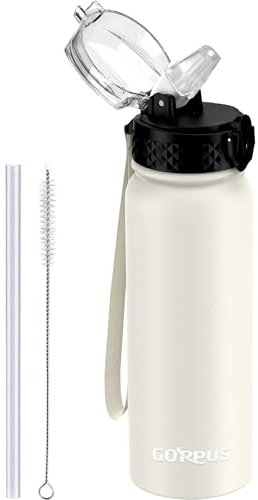 GOPPUS 600ml/20oz Stainless Water Bottle with Straw Double Wall Insulated Bottles with Strap Reusable Vacuum Thermal Flask Leakproof Keep Cold Drinks Bottles with Flip Top Lid for Men Women BPA Free
