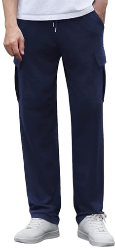 Crewhpo Pantalones de Chándal Hombre Algodón Cargo con Cordón y Bolsillos | Pierna Recta, Corte Holgado, Cintura Elástica, Tacto Suave, Tejido Flexible, Dobladillo Abierto, Uso Diario, Exterior, Relax