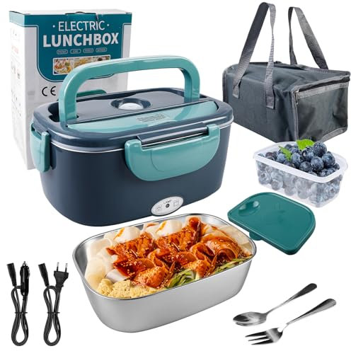BORDEAG 1.5L Elektrische Lunchbox 60W, Speisenwärmer, Essensbox Warmes Mittagessen, mit Gabel, Löffel und Isolierter Tragetasche, für Arbeit Auto Lkw